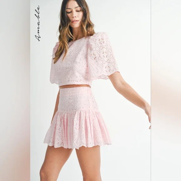 Amabelle By Mabel Eyelet Lace Puff Sleeve Crop Top & Skirt Set Size Small - Picture 2 of 12